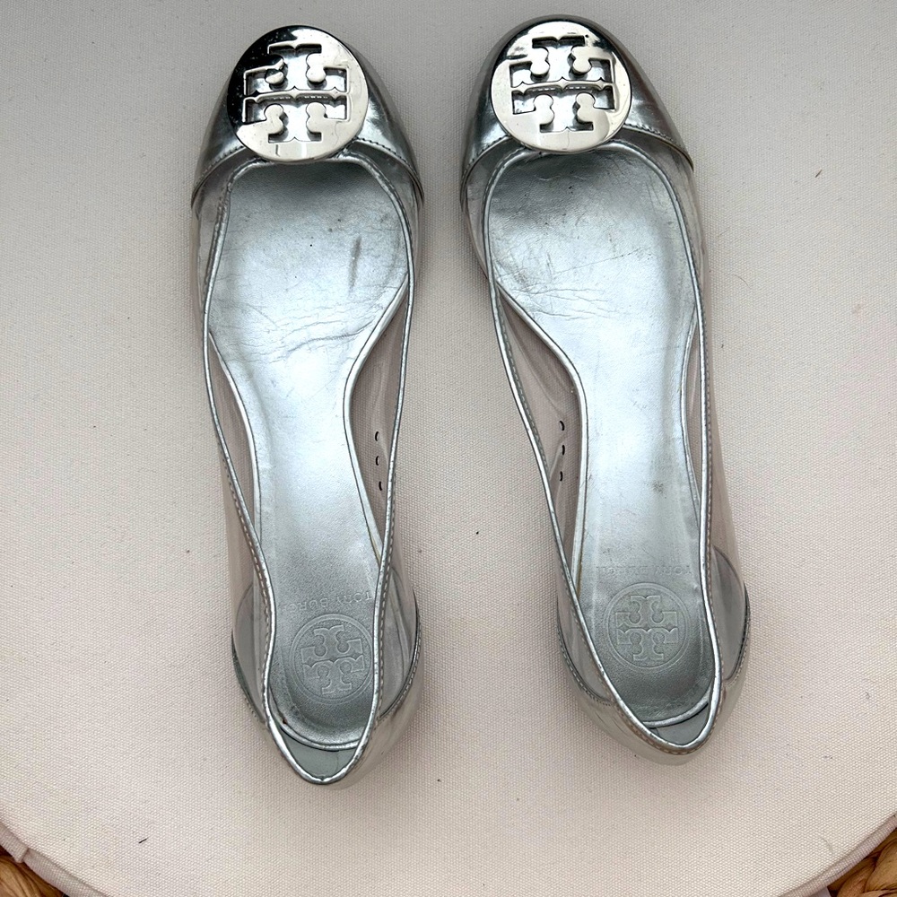 Tory Burch Silver Flats with Bow Detail